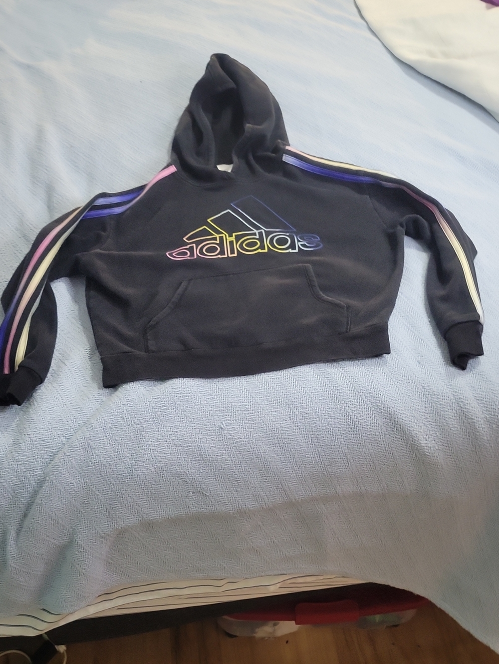 adidas Black Cropped Hoodie with Rainbow Logo and Stripes